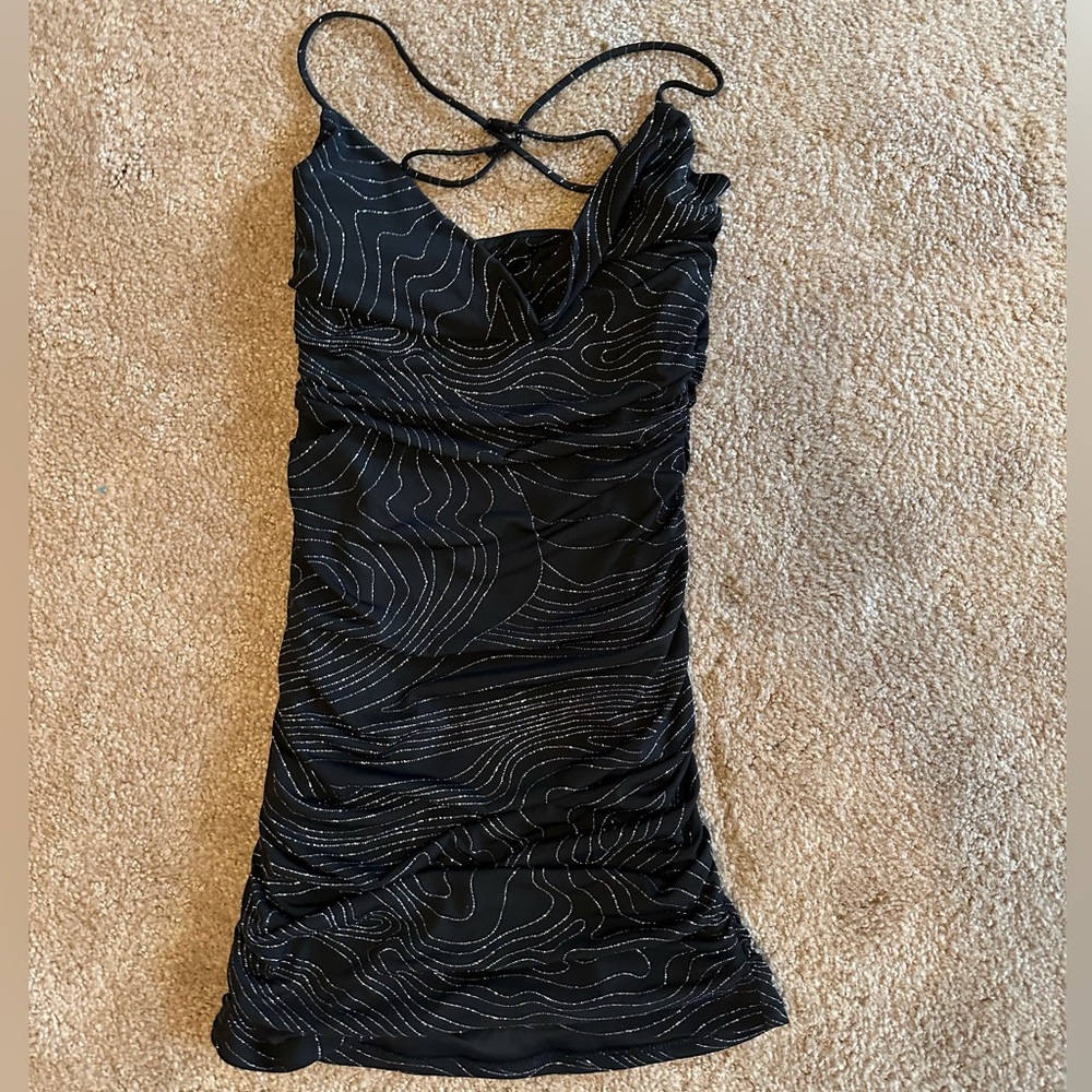 Black and silver sparkly homecoming/ dance dress with draped cowl neck